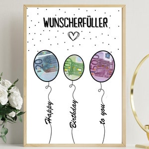 PDF - Geldgeschenk Geburtstag Luftballons Wunscherfüller Geburtstagskarte Download op basis van herzlichen Glückwunsch Afbeelding 18 25 30 40 50