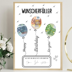 PDF - Geldgeschenk Geburtstag Luftballons Wunscherfüller Poster Geburtstagskarte Download op Ausdrucken Verjaardag Afbeelding 18 20 25 30 40 50 60