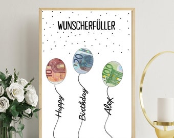 PDF Personalisierung mit Namen, Geld Geburtstagsgeschenk, Luftballons, Wünsche, Geburtstagskartenfüller, Download druckbar 18 20 25 30 40 50
