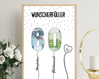 PDF - Geldgeschenk 60 Geburtstag Wunscherfüller Geburtstagskarte Download zum Ausdrucken herzlichen Glückwunsch Bild 30 35 40 45 50 55 60 70