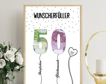 PDF - Geldgeschenk 50 Geburtstag Wunscherfüller Geburtstagskarte Download zum Ausdrucken herzlichen Glückwunsch Bild 30 35 40 45 50 55 60 70