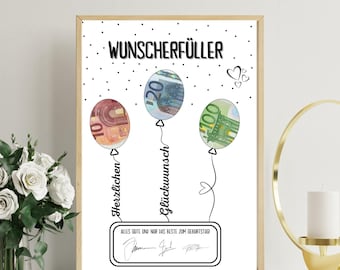 PDF - Geldgeschenk Geburtstag Luftballons Wunscherfüller Poster Geburtstagskarte Download zum Ausdrucken Birthday Bild 18 20 25 30 40 50 60