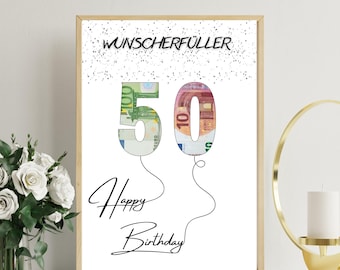 Geldgeschenk zum 50 Geburtstag | A4 | Geld kreativ verschenken | Wunscherfüller | Last-Minute Geschenk zum Selbstdrucken | PDF
