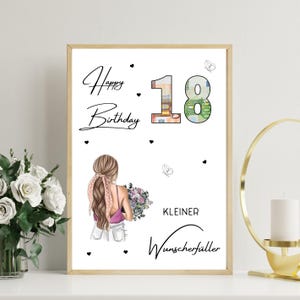May include: A framed birthday print featuring the text Happy Birthday and the number 18, with the digits filled by Euro banknote patterns. Below, an illustration of a person with long brown hair holding a bouquet, with the text Kleiner Wunscherf&uuml;ller.