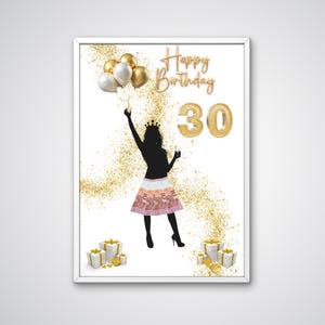 Puede incluir: Impresión enmarcada con borde blanco. Silueta negra de una persona sosteniendo globos, con corona y falda con diseño de dinero. Las palabras "Happy Birthday 30" son doradas, con confeti dorado y cajas de regalo.