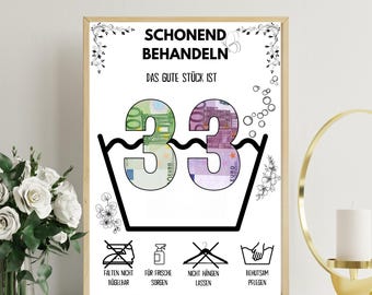 Geldgeschenk zum 33 Geburtstag | A4 | Glückwunschkarte lustig | Das gute Stück ist 33 | Last-Minute Geschenk zum Selbstdrucken | PDF