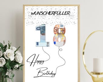 Geldgeschenk zum 18 Geburtstag | A4 | Geld kreativ verschenken | Wunscherfüller | Last-Minute Geschenk zum Selbstdrucken | PDF