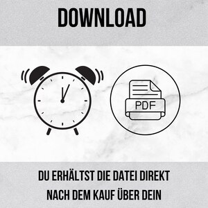 May include: Black and white illustration of an alarm clock and a PDF file icon. Text reads "SOFORT - DOWNLOAD" and "DU ERH&Auml;LTST DIE DATEI DIREKT NACH DEM KAUF &Uuml;BER DEIN ETSY-KUNDENKONTO UNTER "EINK&Auml;UFE""