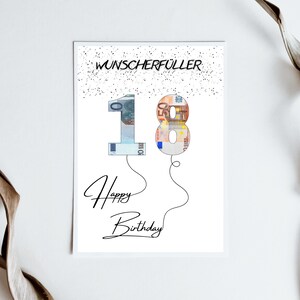K&ouml;nnte beinhalten: Eine wei&szlig;e Karte mit schwarzem Text, auf der "Wunschersch&uuml;ller" und "Happy Birthday" steht. Die Zahl 18 ist aus Euro-Scheinen gefertigt und schwebt wie Ballons.