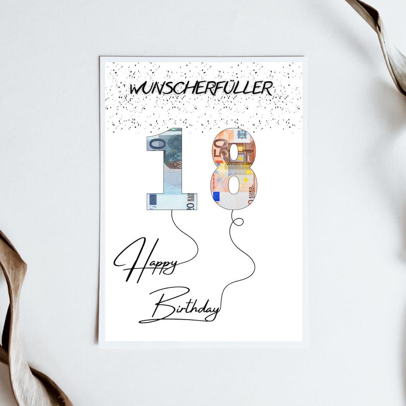 K&ouml;nnte beinhalten: Eine wei&szlig;e Karte mit schwarzem Text, auf der "Wunschersch&uuml;ller" und "Happy Birthday" steht. Die Zahl 18 ist aus Euro-Scheinen gefertigt und schwebt wie Ballons.