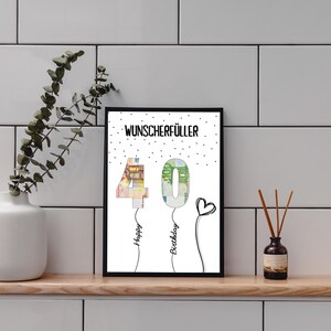 May include: A black and white printable card with the text "Wunschersch&uuml;ller" and the numbers 40 made of euro bills. The numbers are shaped like balloons with strings that say "Happy" and "Birthday".