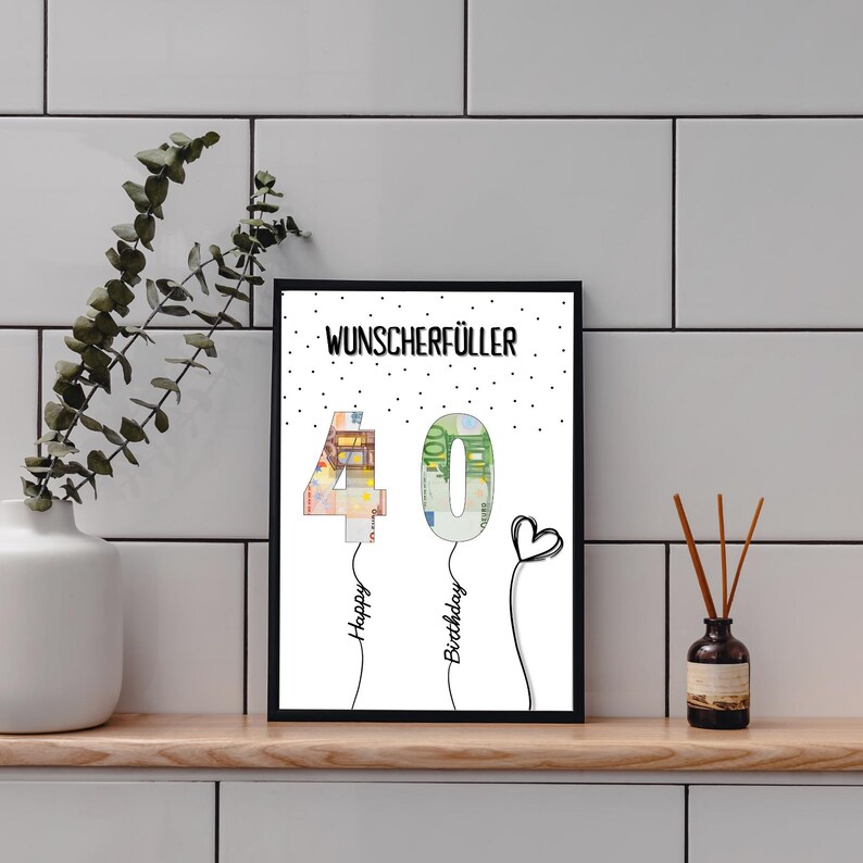 May include: A black and white printable card with the text "Wunschersch&uuml;ller" and the numbers 40 made of euro bills. The numbers are shaped like balloons with strings that say "Happy" and "Birthday".