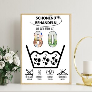 Op de afbeelding: Een wit bord met zwarte tekst en afbeeldingen met de tekst "Schonend Behandeln Das Gute St&uuml;ck Ist 80". Het bord heeft een wasinstructie symbool met bubbels en tekst eronder die luidt "Falten Nicht B&uuml;gelbar F&uuml;r Frische Sorgen Behutsam Pflegen Nicht H&auml;ngen Lassen".