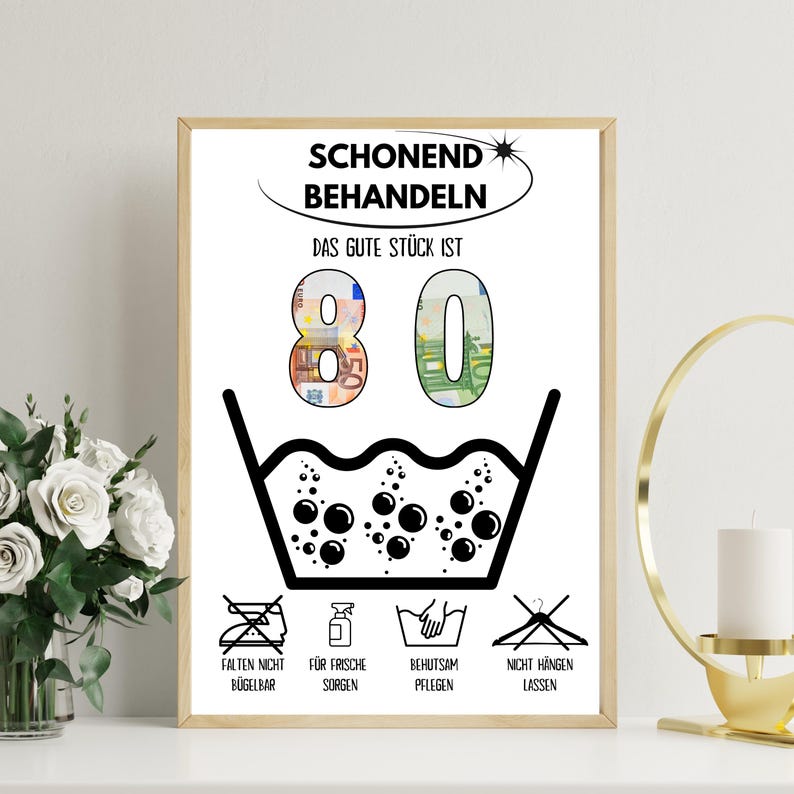 Op de afbeelding: Een wit bord met zwarte tekst en afbeeldingen met de tekst "Schonend Behandeln Das Gute St&uuml;ck Ist 80". Het bord heeft een wasinstructie symbool met bubbels en tekst eronder die luidt "Falten Nicht B&uuml;gelbar F&uuml;r Frische Sorgen Behutsam Pflegen Nicht H&auml;ngen Lassen".