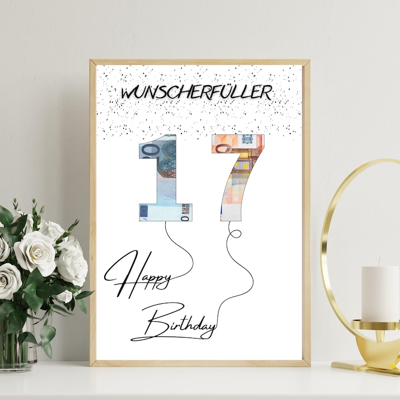 Geldgeschenk zum 17 Geburtstag | A4 | Geld kreativ verschenken | Wunscherfüller | Last-Minute Geschenk zum Selbstdrucken | PDF image 1