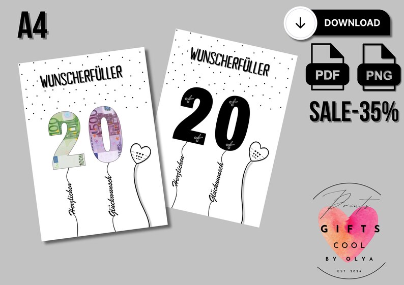 May include: A printable card with the number 20 in black balloons. The number 20 is also represented by euro bills. The text "WUNSCHERF&Uuml;LLER" is at the top of the card. The text "Herzlichen Gl&uuml;ckwunsch" is written below the balloons.