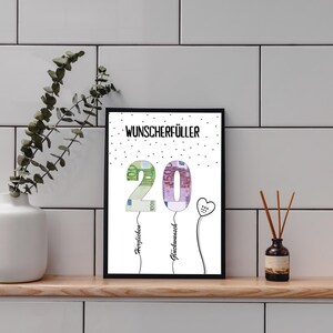May include: A black and white printable card with the text "Wunschersch&uuml;ller" and the number "20" made of euro bills. The number is in the shape of balloons with strings that say "Herzlichen" and "Gl&uuml;ckwunsch".