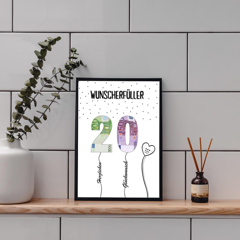 May include: A black and white printable card with the text "Wunschersch&uuml;ller" and the number "20" made of euro bills. The number is in the shape of balloons with strings that say "Herzlichen" and "Gl&uuml;ckwunsch".