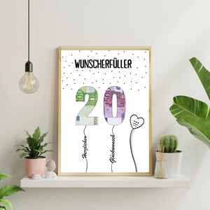 May include: A white printable card with black polka dots and the text "Wunschersch&uuml;ller" in black. The number 20 is made of euro bills and is surrounded by black dots. The text "Herzlichen" and "Gl&uuml;ckwunsch" are written below the number 20.