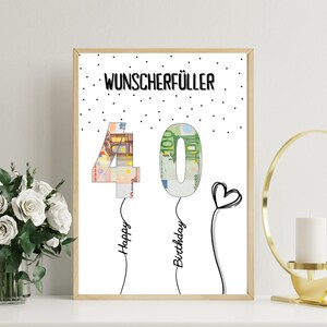 May include: A white printable poster with black polka dots and the text "Wunschersch&uuml;ller" at the top. The number 40 is made of euro bills and is displayed as balloons with strings that say "Happy" and "Birthday".