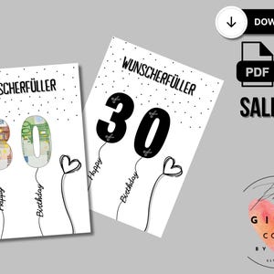 Może przedstawiać: Dwie białe karty z napisem "WUNSCHERF&Uuml;LLER" i dużą liczbą "30" na środku. Jedna "30" jest wypełniona banknotami euro, druga jest czarna. Każda "30" to balon z sercem i napisami "Happy Birthday".