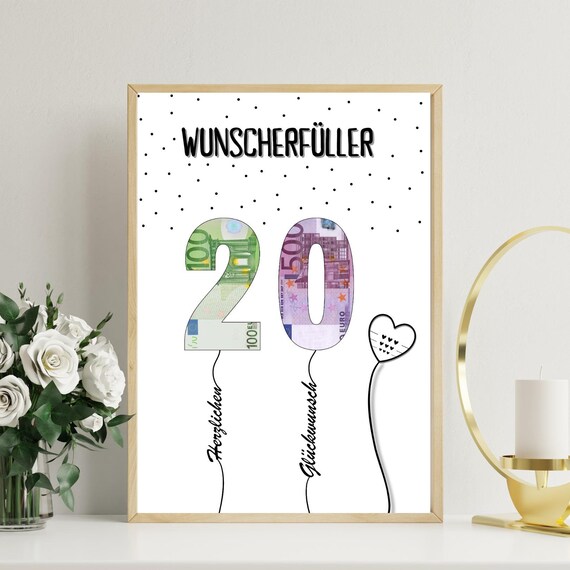 Geldgeschenk zum 20 Geburtstag | kleiner Wunscherfüller Geburtstagsgeschenk | kreative Geschenk Idee Download PDF | Poster runder Geburtstag