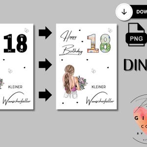 May include: A digital birthday card template in DIN A4 format featuring the text Happy Birthday, the number 18, and the phrase KLEINER Wunscherf&uuml;ller. The design includes an illustration of a person with long hair holding a bouquet of flowers.