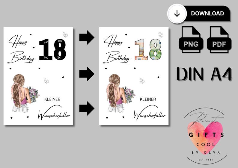 May include: A digital birthday card template in DIN A4 format featuring the text Happy Birthday, the number 18, and the phrase KLEINER Wunscherf&uuml;ller. The design includes an illustration of a person with long hair holding a bouquet of flowers.