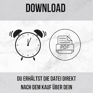 K&ouml;nnte beinhalten: Schwarz-wei&szlig;-Illustration eines Weckers und eines PDF-Datei-Symbols. Der Text lautet "SOFORT - DOWNLOAD" und "DU ERH&Auml;LTST DIE DATEI DIREKT NACH DEM KAUF &Uuml;BER DEIN ETSY-KUNDENKONTO UNTER "EINK&Auml;UFE""