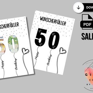 Pode incluir: Dois cart&otilde;es de felicita&ccedil;&otilde;es imprim&iacute;veis com um design preto e branco. Os cart&otilde;es apresentam o texto "WUNSCHERF&Uuml;LLER 50" com um design de bal&atilde;o de dinheiro. Os cart&otilde;es s&atilde;o para um 50&ordm; anivers&aacute;rio.