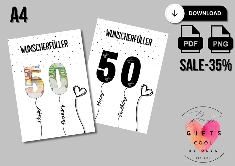 Pode incluir: Dois cart&otilde;es de felicita&ccedil;&otilde;es imprim&iacute;veis com um design preto e branco. Os cart&otilde;es apresentam o texto "WUNSCHERF&Uuml;LLER 50" com um design de bal&atilde;o de dinheiro. Os cart&otilde;es s&atilde;o para um 50&ordm; anivers&aacute;rio.