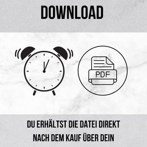 Pode incluir: Ilustra&ccedil;&atilde;o em preto e branco de um despertador e um &iacute;cone de arquivo PDF. O texto diz "SOFORT - DOWNLOAD" e "DU ERH&Auml;LTST DIE DATEI DIREKT NACH DEM KAUF &Uuml;BER DEIN ETSY-KUNDENKONTO UNTER "EINK&Auml;UFE""
