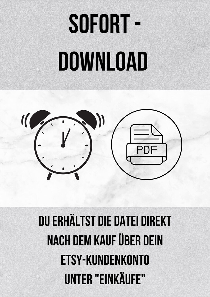 Pode incluir: Ilustra&ccedil;&atilde;o em preto e branco de um despertador e um &iacute;cone de arquivo PDF. O texto diz "SOFORT - DOWNLOAD" e "DU ERH&Auml;LTST DIE DATEI DIREKT NACH DEM KAUF &Uuml;BER DEIN ETSY-KUNDENKONTO UNTER "EINK&Auml;UFE""