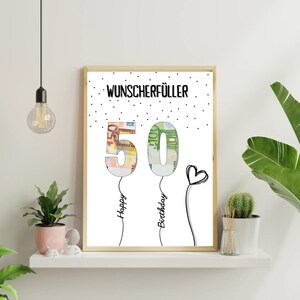 Pode incluir: Um cart&atilde;o branco imprim&iacute;vel com bolinhas pretas e o texto "Wunschersch&uuml;ller 50" com os n&uacute;meros 5 e 0 feitos de notas de euro. Os n&uacute;meros est&atilde;o presos a cordas com as palavras "Happy" e "Birthday" escritas nelas. Um pequeno cora&ccedil;&atilde;o est&aacute; preso a uma corda.