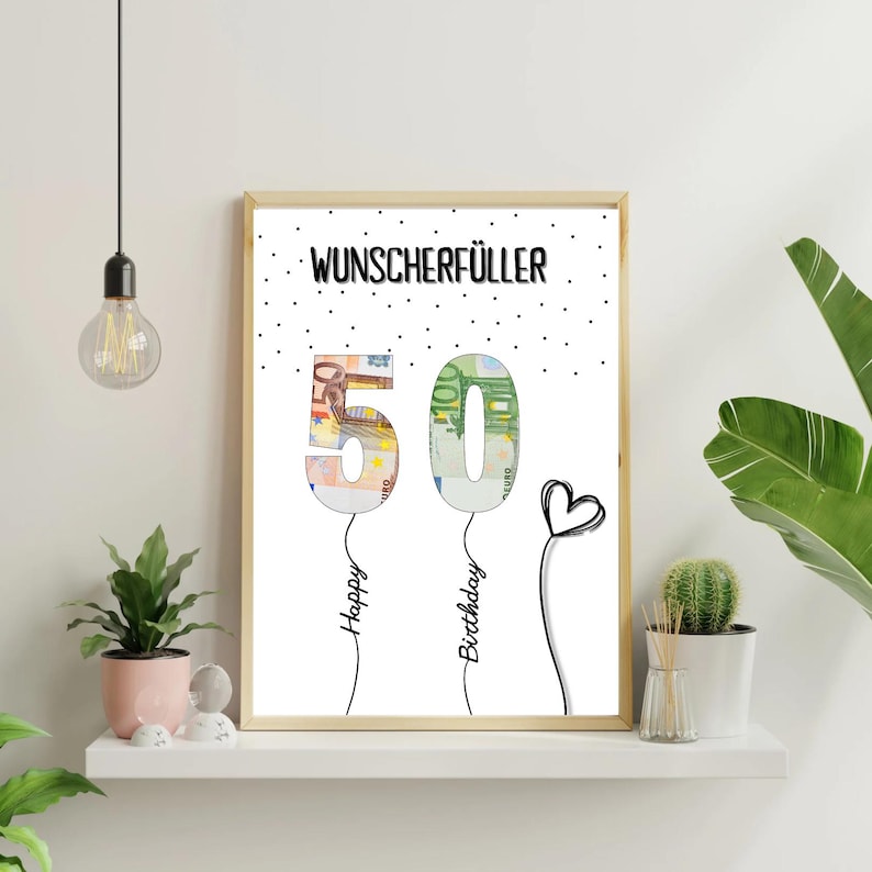 Pode incluir: Um cart&atilde;o branco imprim&iacute;vel com bolinhas pretas e o texto "Wunschersch&uuml;ller 50" com os n&uacute;meros 5 e 0 feitos de notas de euro. Os n&uacute;meros est&atilde;o presos a cordas com as palavras "Happy" e "Birthday" escritas nelas. Um pequeno cora&ccedil;&atilde;o est&aacute; preso a uma corda.