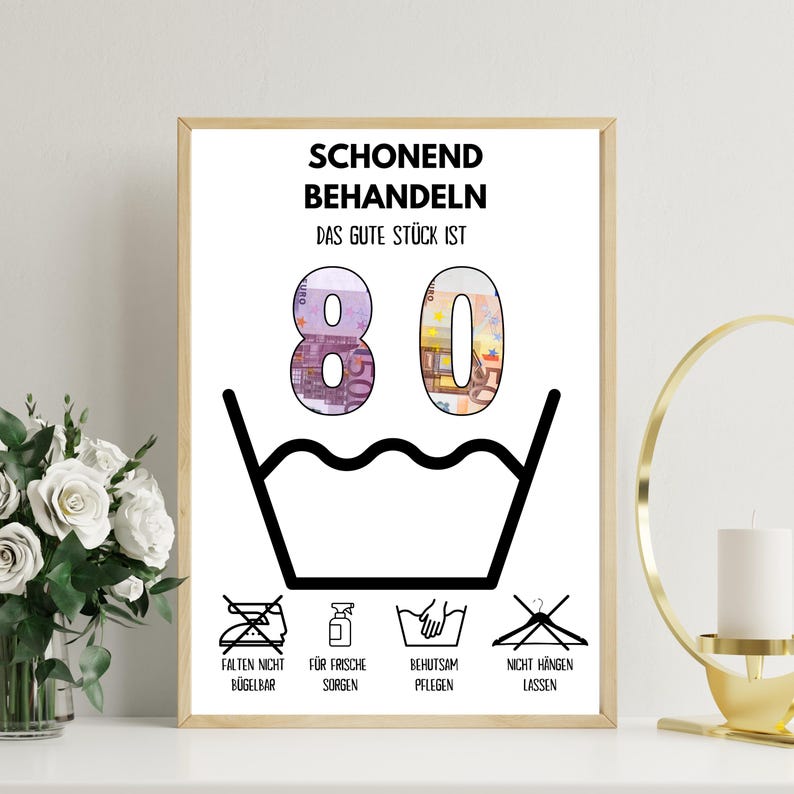 Op de afbeelding: Een witte poster met zwarte tekst die "Schonend Behandeln Das Gute St&uuml;ck Ist 80" luidt, met een zwart-wit wasinstructiesymbool. Het getal 80 is gemaakt van eurobiljetten. Onder het symbool bevinden zich vier andere zwart-wit symbolen met de tekst "Falten Nicht B&uuml;gelbar", "F&uuml;r Frische Sorgen", "Behutsam Pflegen" en "Nicht H&auml;ngen Lassen".