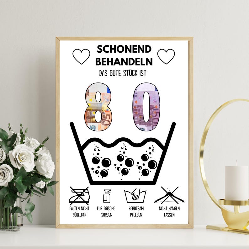 Op de afbeelding: Een wit bord met zwarte tekst en afbeeldingen met de tekst "Schonend Behandeln Das Gute St&uuml;ck Ist 80". Het getal 80 is gemaakt van eurobiljetten. Onder het getal staat een wasinstructiesymbool met bubbels. Onder het symbool staan vier andere symbolen met tekst: "Falten Nicht B&uuml;gelbar", "F&uuml;r Frische Sorgen", "Behutsam Pflegen" en "Nicht H&auml;ngen Lassen".