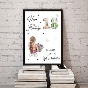 May include: A framed print featuring the text Happy Birthday and the number 18 filled with euro banknote patterns. An illustration of a person with long brown hair holding a bouquet of flowers is shown alongside the text KLEINER Wunscherf&uuml;ller.