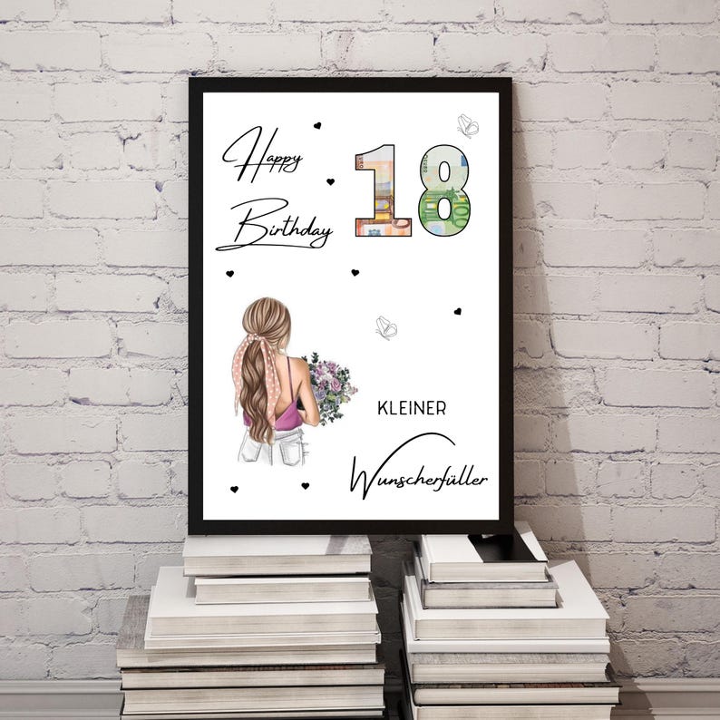 May include: A framed print featuring the text Happy Birthday and the number 18 filled with euro banknote patterns. An illustration of a person with long brown hair holding a bouquet of flowers is shown alongside the text KLEINER Wunscherf&uuml;ller.