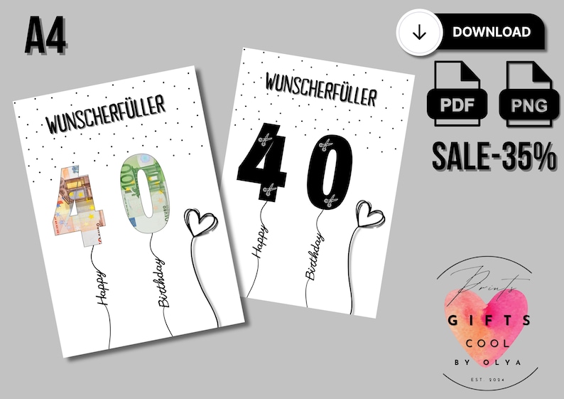 May include: Two printable cards with a black and white design. The cards feature the number 40 in the form of balloons. One card has the number 40 made of money, the other card has the number 40 in black. Both cards have the text "WUNSCHERF&Uuml;LLER" and "Happy Birthday".