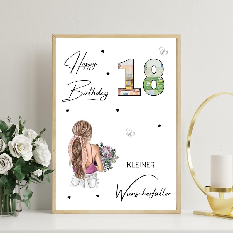 May include: A framed birthday print featuring the text Happy Birthday and the number 18, with the digits filled by Euro banknote patterns. Below, an illustration of a person with long brown hair holding a bouquet, with the text Kleiner Wunscherf&uuml;ller.