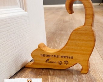 Personalized Cat Door Stopper: Handmade Wooden Pet Lover Gift