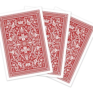 Pode incluir: Três cartas de baralho com fundo vermelho e design floral branco. As cartas têm uma borda branca e um design de borda decorativo. As cartas estão ligeiramente em leque, mostrando os detalhes do padrão.