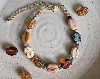 Coffee Bean Bracelet Gift For Coffee Lover Gift Czech Glass Bracelet Vintage Coffee Jewelry Handmade Coffee Bean Bracelet Coffee Lover Gift