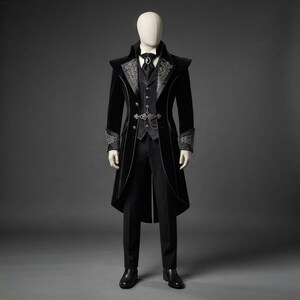 Queue-de-pie en velours noir et argent | Costume gothique victorien pour homme | Veste steampunk baroque | Tenue de cosplay de vampire | Tenue de soirée pour Halloween