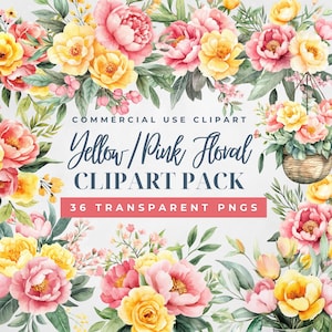 Pacote de clipart de flores em aquarela amarelas e rosa – Pacote PNG floral brilhante para design de primavera | Uso comercial OK