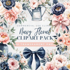 Navy and Pink Watercolor Flower Clipart Pack Vintage Floral Bundle for Wedding and Stationery Design PNG Commercial Use