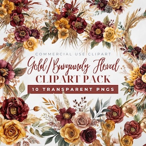 Pacote de clipart de flores em aquarela douradas e bordô – Pacote floral de outono temperamental | PNG | Uso comercial OK