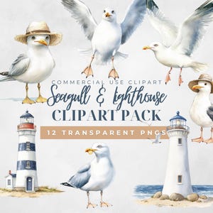 Pacote de clipart de aquarela de gaivotas e faróis – Gráficos PNG costeiros náuticos | Tema de praia | Uso comercial OK