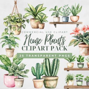 Pacote de clipart de aquarela de plantas domésticas – Gráficos PNG botânicos para amantes de plantas | Uso comercial OK